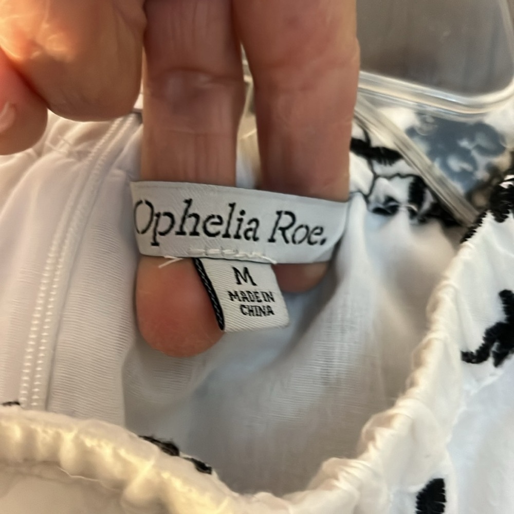 Ophelia Roe white capped sleeve with ruffle. Navy blue embroidered. Size Medium. - Picture 2 of 10